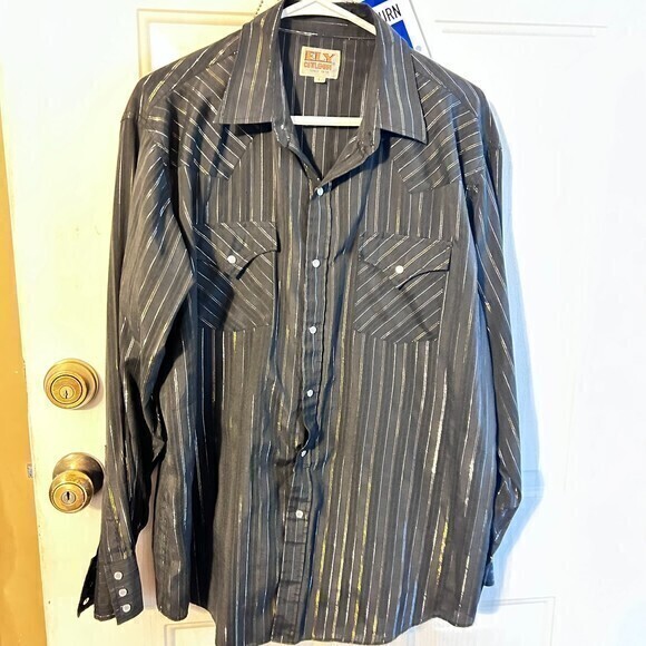 Ely Cattleman Pearl Snap‎ Striped Long Sleeve Black/Gold/Silver Men lg - Picture 3 of 5